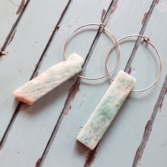 Handmade Turquoise Amazonite Quartz Crystal Healing Hoop Earrings - Picture 2 of 4
